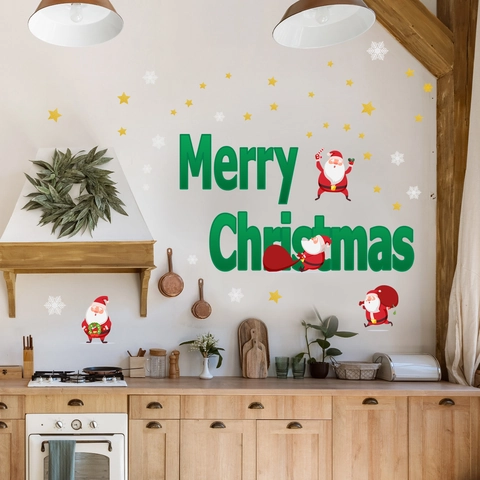 Adesivo da Parete Natalizio in PVC Rimovibile Babbo Natale Stelle Fiocchi di Neve Merry Christmas Decalcomanie Decorative per Casa Negozio
