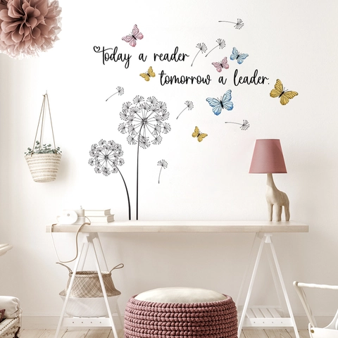 Dandelion Butterfly Inspirational Quote Wall Sticker Today A Reader Tomorrow A Leader PVC Removable Wall Decal For Bedroom