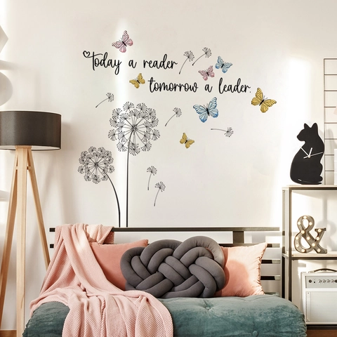 Dandelion Butterfly Inspirational Quote Wall Sticker Today A Reader Tomorrow A Leader PVC Removable Wall Decal For Bedroom