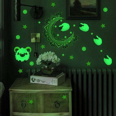 Glow In The Dark Wall Stickers PVC Luminous Moon Sheep Mandala Decals For Kids Bedroom Nursery Eid Ramadan Decor Self Adhesive