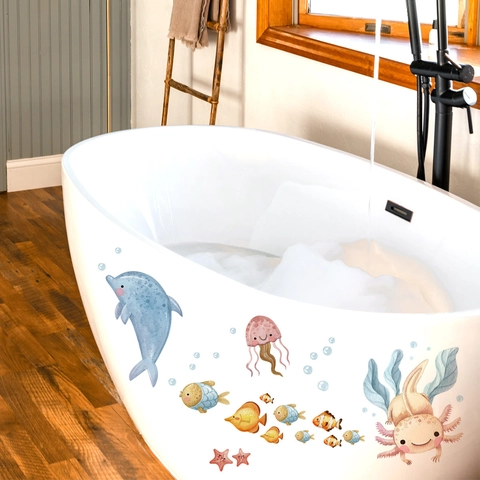 Autocollants De Baignoire Animaux Marins Dessins Animés PVC Imperméable Axolotl Dauphin Décoration Murale Salle De Bain