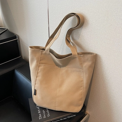 Women's Large Capacity Canvas Tote Bag Minimalist Fashion Label Shoulder Bag Casual Commuting School Student Handbag