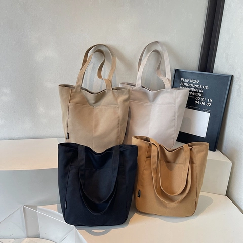 Women's Large Capacity Canvas Tote Bag Minimalist Fashion Label Shoulder Bag Casual Commuting School Student Handbag