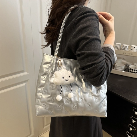 Large Capacity PU Leather Bear Embossing Tote Bag With Braided Handle Women Fashion Casual Shoulder Bag Daily Handbag