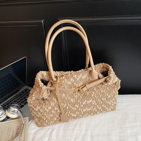 Women Faux Fur PU Leather Tote Bag Vintage Commuter Shoulder Bag Large Capacity Solid Color Tweed Handbag Fashion Accessory