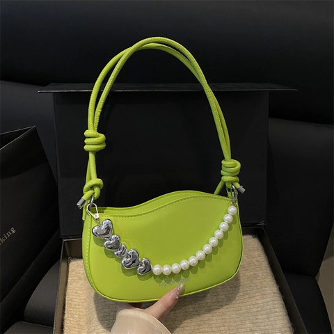Borsa Sotto l'ascella da Donna in Pelle PU con Decorazione a Catena di Künstliche Perle a Cuore Tracolla Annodata a Mezza Luna