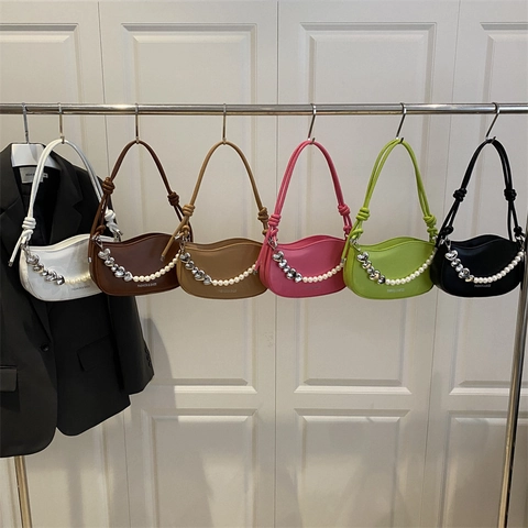 Borsa Sotto l'ascella da Donna in Pelle PU con Decorazione a Catena di Künstliche Perle a Cuore Tracolla Annodata a Mezza Luna