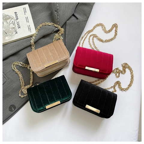 Mode Verticale Doorstikking Fluweel PU Leer Crossbodytas Goud Metalen Ketting Schouder Kleine Vierkante Tas Voor Vrouwen Veelzijdige Party Handtas