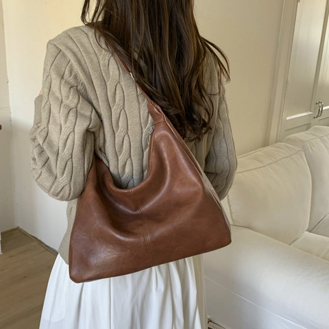 Vintage PU Leather Hobo Shoulder Bag Large Capacity Solid Color Minimalist Retro Underarm Tote For Women