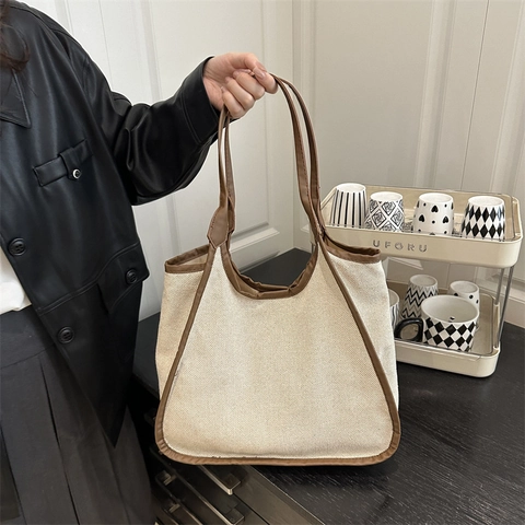 Borsa Tote Capiente Pelle PU E Tela Stile Coreano Minimalista Borsa A Spalla Per Donne