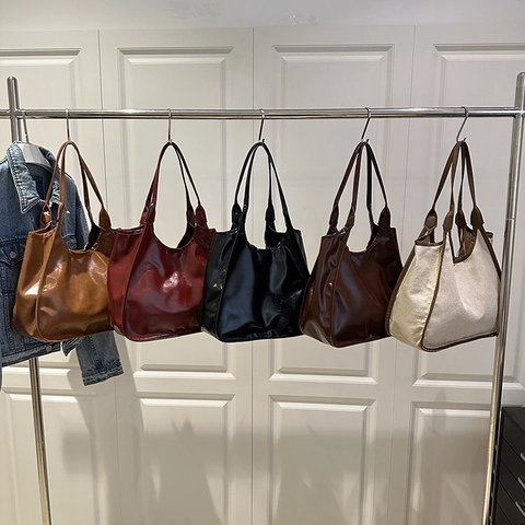 Borsa Tote Capiente Pelle PU E Tela Stile Coreano Minimalista Borsa A Spalla Per Donne