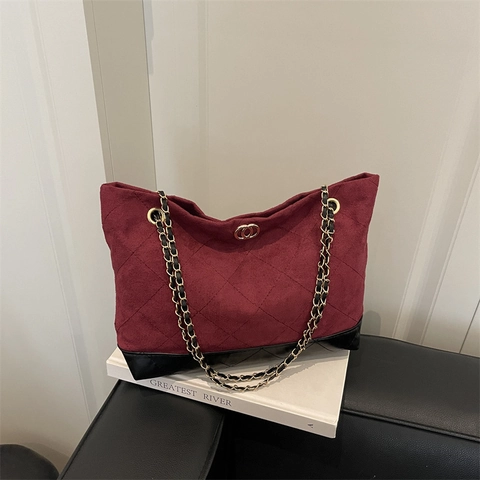 Bolso Tote Acolchado Vintage para Mujer Con Correa de Cadena Color de Contraste Gran Capacidad Bolso de Hombro de Ante