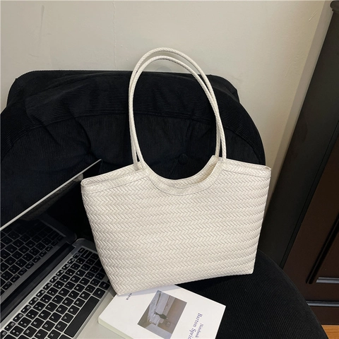 Bolso Tote de Cuero PU Tejido de Gran Capacidad para Mujer Casual Conmuta Bolso de Hombro Elegante Minimalista Color Sólido