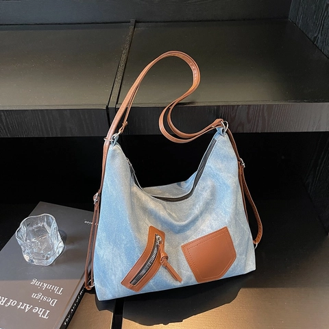 Bolso Tote Gran Capacidad Mujer Retro Cuero PU Color Contraste Bolso Hobo Hombro Casual Conmutar Múltiples Bolsillos