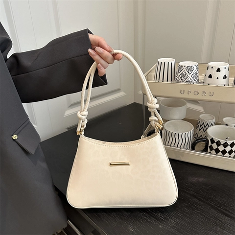 Damen Vintage Leopardenmuster Unterarmtasche PU Leder Knoten Schultergurt Metalldekoration Koreanische Minimalistische Umhängetasche