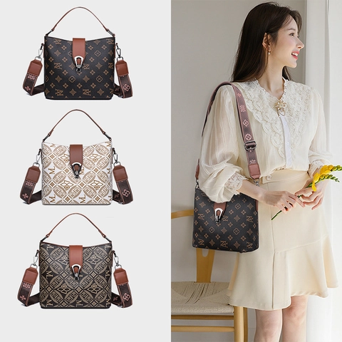 Borsa a Secchiello in Pelle PU Stampata Monogramma Vintage Per Donna Borsa a Mano ad Alta Capacità con Manico Superiore Tracolla a Scacchi Rétro Tracolla Larga in Tessuto