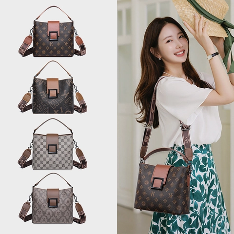 Borsa a Secchiello in Pelle PU Stampata Monogramma Vintage Per Donna Borsa a Mano ad Alta Capacità con Manico Superiore Tracolla a Scacchi Rétro Tracolla Larga in Tessuto