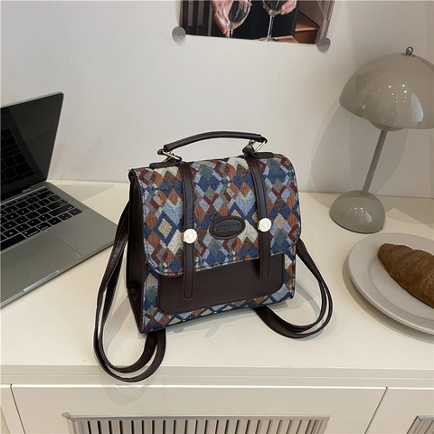 Vintage Geometric Jacquard PU Leather Small Backpack For Women Fashion Diamond Grid Crossbody Bag Multi-way Handbag Daily Bag