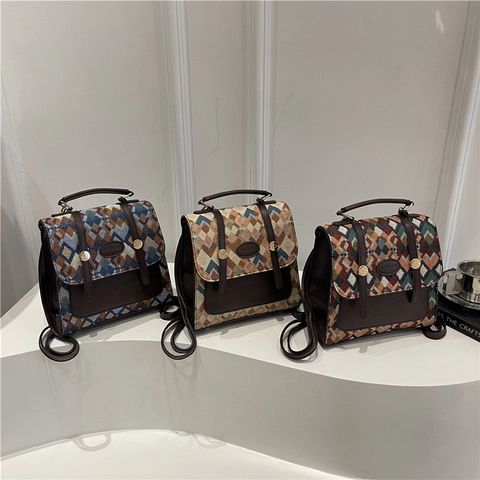 Vintage Geometric Jacquard PU Leather Small Backpack For Women Fashion Diamond Grid Crossbody Bag Multi-way Handbag Daily Bag