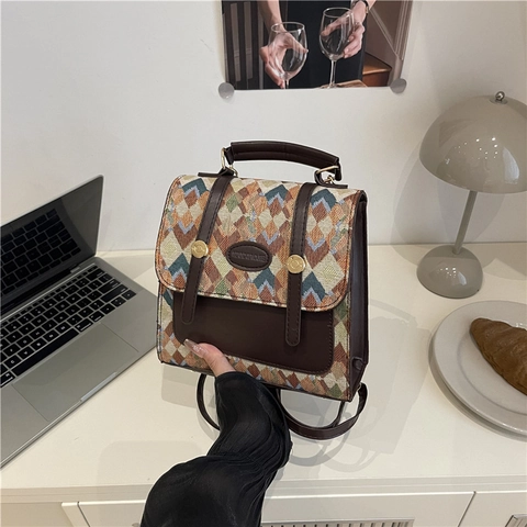 Dames Retro Geometrisch Diamant Patroon Rugzak PU Leer Patchwork Kleine Multifunctionele Modieuze Schoudertas Voor Dagelijks Gebruik