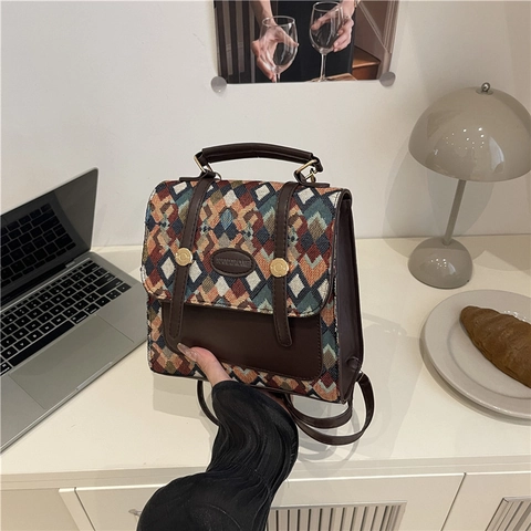 Sac à Dos Tissé Géométrique Vintage pour Femmes avec Bordure en Cuir PU Sac à Bandoulière Multifonctionnel Sac à Main Mode