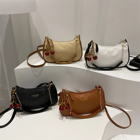 Women Litchi Pattern PU Leather Shoulder Bag Retro Fashion Underarm Bag With Cherry Charm Zipper Small Square Crossbody Bag