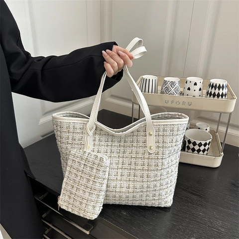 Women Tweed Plaid Tote Bag With Small Pouch Large Capacity Shoulder Bag French Style Elegant Work Travel Bag For Ladies