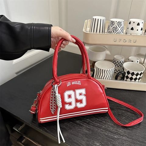 Borsa a Mano Boston da Donna in Pelle PU Lucida in Stile Retro Americano Borsa a Spalla Stampa LOS ANGELES 95 Piccola Bowling Bag