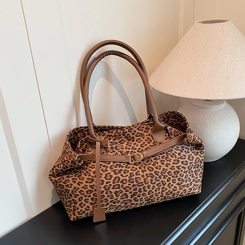 Borsa Tote Grande Capacità Vintage con Stampa Leopardata da Donna Borsa in Tessuto Composito con Doppi Manici in Pelle