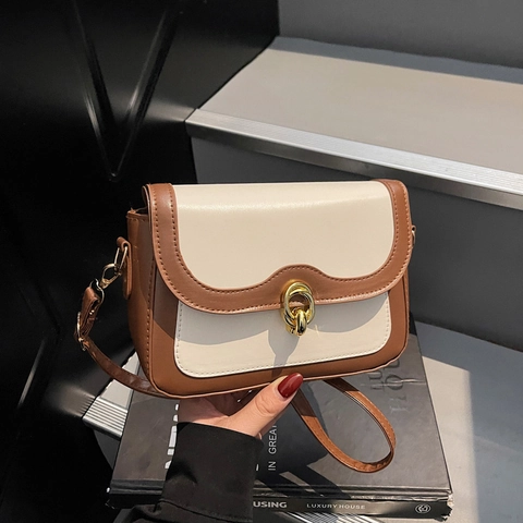 Bolso Bandolera Cuadrado Pequeño Para Mujer Vintage De Cuero PU Bolso De Hombro Color En Contraste Cierre Giratorio Dorado Moda Retro