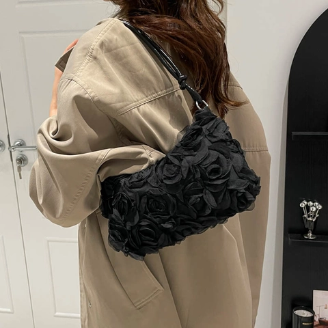 Borsa Sottobraccio da Donna alla Moda con Fiori di Rosa 3D Elegante Borsa a Tracolla in Tessuto Mesh Dolce Borsa Floreale per Festa Quotidiana