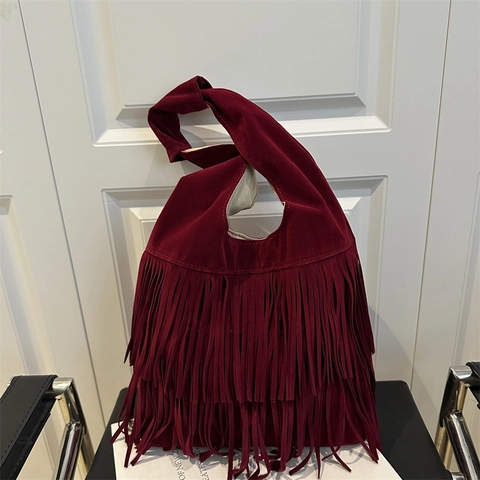Borsa a Spalla Vintage da Donna in Scamosciato Sintetico con Frange Grande Capacità Boho Borsa a Tracolla Moda Hobo Bag