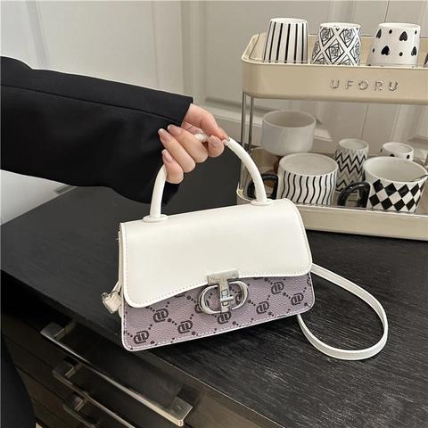 Bolso De Mano Retro Mujer Color En Contraste Cuero PU Lona Impresa Bolso Bandolera Cuadrado Cierre Metálico Funcional