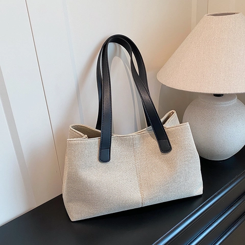 Women Large Capacity Tote Bag Canvas PU Leather Stitching Commute Shoulder Bag Vintage Handbag Bear Charm Casual Handbag