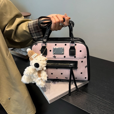 Borsa A Spalla In Pelle PU Con Stampa A Pois E Fiocchi Donna Grande Capacità Borsa Sottobraccio Con Pendente Orsetto