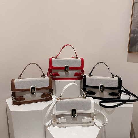 Nische Design Kontrast Segeltuch PU Leder Quadratische Umhängetasche Mode Damen Umhängetasche Mit Tragegriff Metallverschluss Schnalle