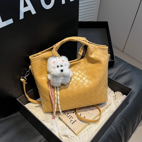 Borsa a Secchiello da Donna in Pelle PU con Motivo Intrecciato Borsa a Mano alla Moda con Tracolla Rimovibile per Uso Quotidiano