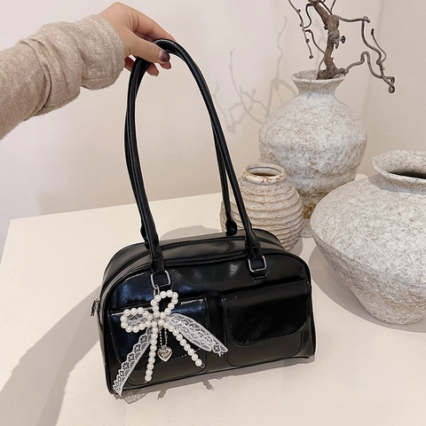 Retro Balletcore Shoulder Bag PU Leather Large Capacity Women Handbag With Bowknot Artificial Pearl Lace Charm Front Pockets
