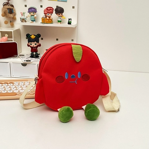 Cute Cartoon Canvas Crossbody Bag For Women Girl Student Kawaii Fruit Shape Tomato Apple Shoulder Bag With Embroidery Expression 3D Legs