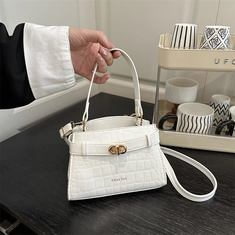 Damen Krokodilmuster PU Leder Handtasche Goldener Drehverschluss Kleine Quadratische Schultertasche Mode Retro Umhängetasche
