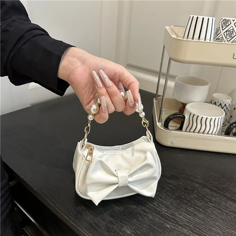 Women Fashion Mini PU Leather Handbag With Large Bow Elegant Faux Artificial Pearl Top Handle Bag Sweet Lipstick Bag Daily Banquet Party Accessory