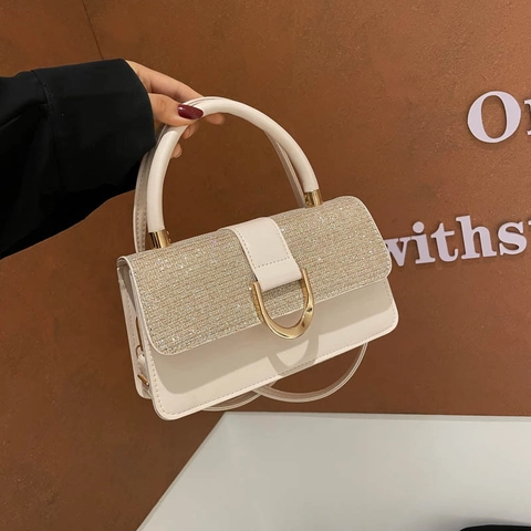 Damen Mode PU Leder Handtasche Mit Pailletten Klappe Gold D-Ring Schnalle Schulter Umhängetasche Kleine Eckige Tasche Geschenk