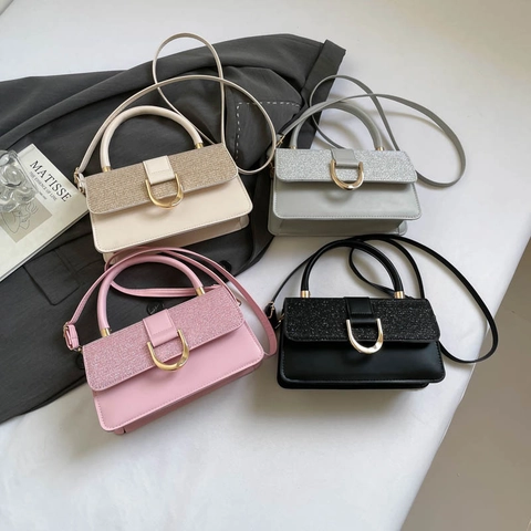 Damen Mode PU Leder Handtasche Mit Pailletten Klappe Gold D-Ring Schnalle Schulter Umhängetasche Kleine Eckige Tasche Geschenk