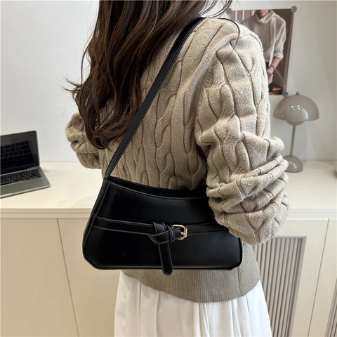 Borsa Sotto l'Ascella Minimalista in Pelle PU per Donna Borsa a Tracolla Vintage Baguette Con Cintura Decorativa Fibbia in Metallo Moda