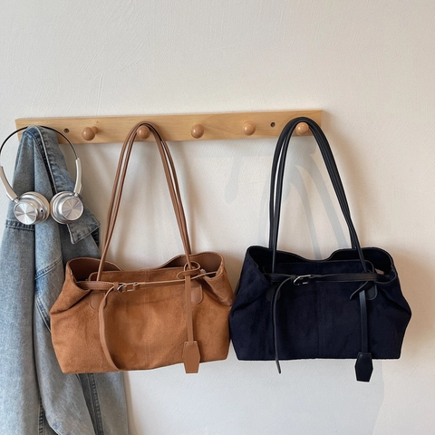 Bolso Tote De Gran Capacidad Para Mujer Textura Ante PU Mate Retro Minimalista Bolso De Hombro