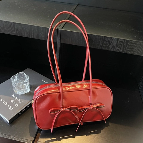 Sac Sous le Bras Vintage Style Coréen en Cuir PU pour Femmes Décor Nœud Papillon Sac Bowling Minimaliste Brillant Sac à Épaule