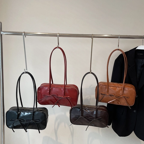 Sac Sous le Bras Vintage Style Coréen en Cuir PU pour Femmes Décor Nœud Papillon Sac Bowling Minimaliste Brillant Sac à Épaule