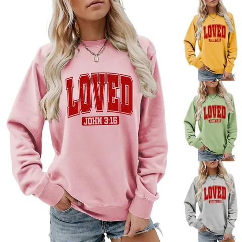 Dames Casual Ronde Hals Sweatshirt Loved John 3-16 Letter Print Lange Mouw Losse Katoenmix Streetwear Pullover Top