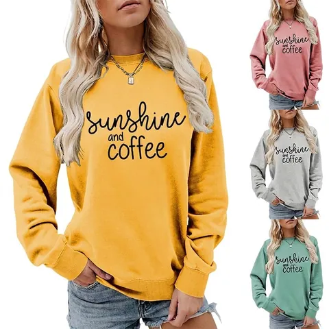 Sweat-shirt Femme Décontracté Col Rond Imprimé Sunshine And Coffee Manches Longues Pullover Ample en Mélange de Coton