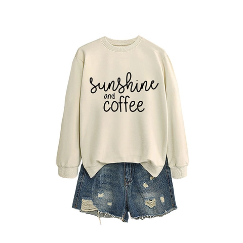 Sweat-shirt Femme Décontracté Col Rond Imprimé Sunshine And Coffee Manches Longues Pullover Ample en Mélange de Coton